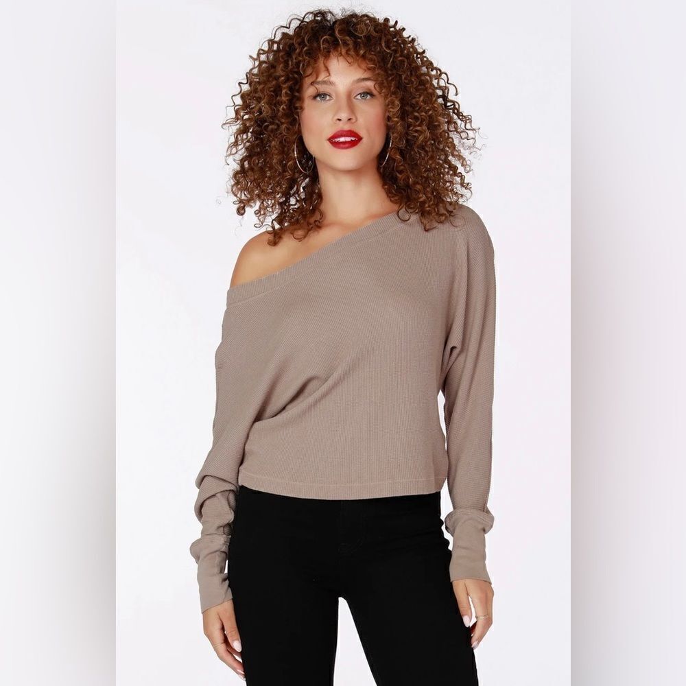 NWT Bobi Taupe Wide Boat Neck Dolman Thermal Long Sleeve Tee Size L